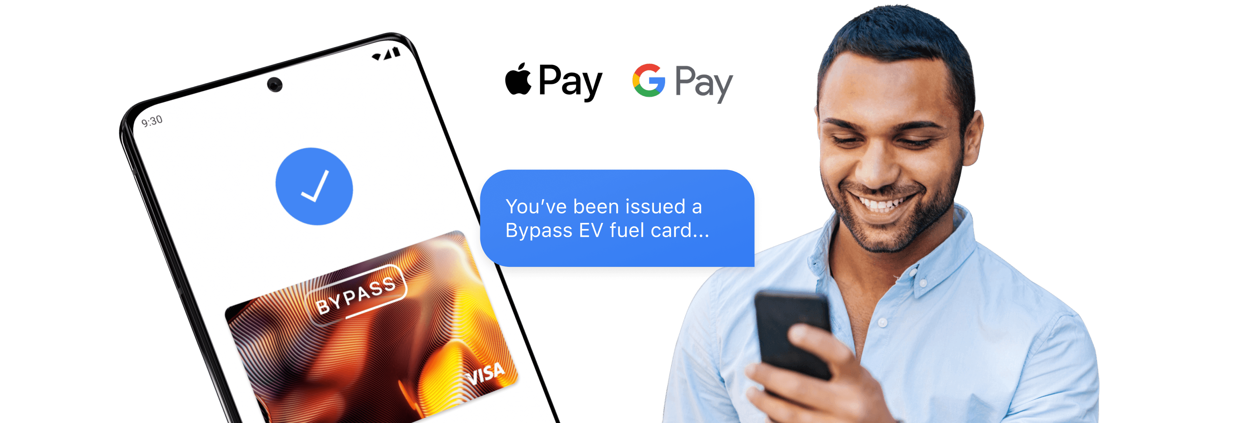 An illustration show the Bypass EV fuel card on Google Pay with a happy driver as they have been onboarded during the same day they received their text message.